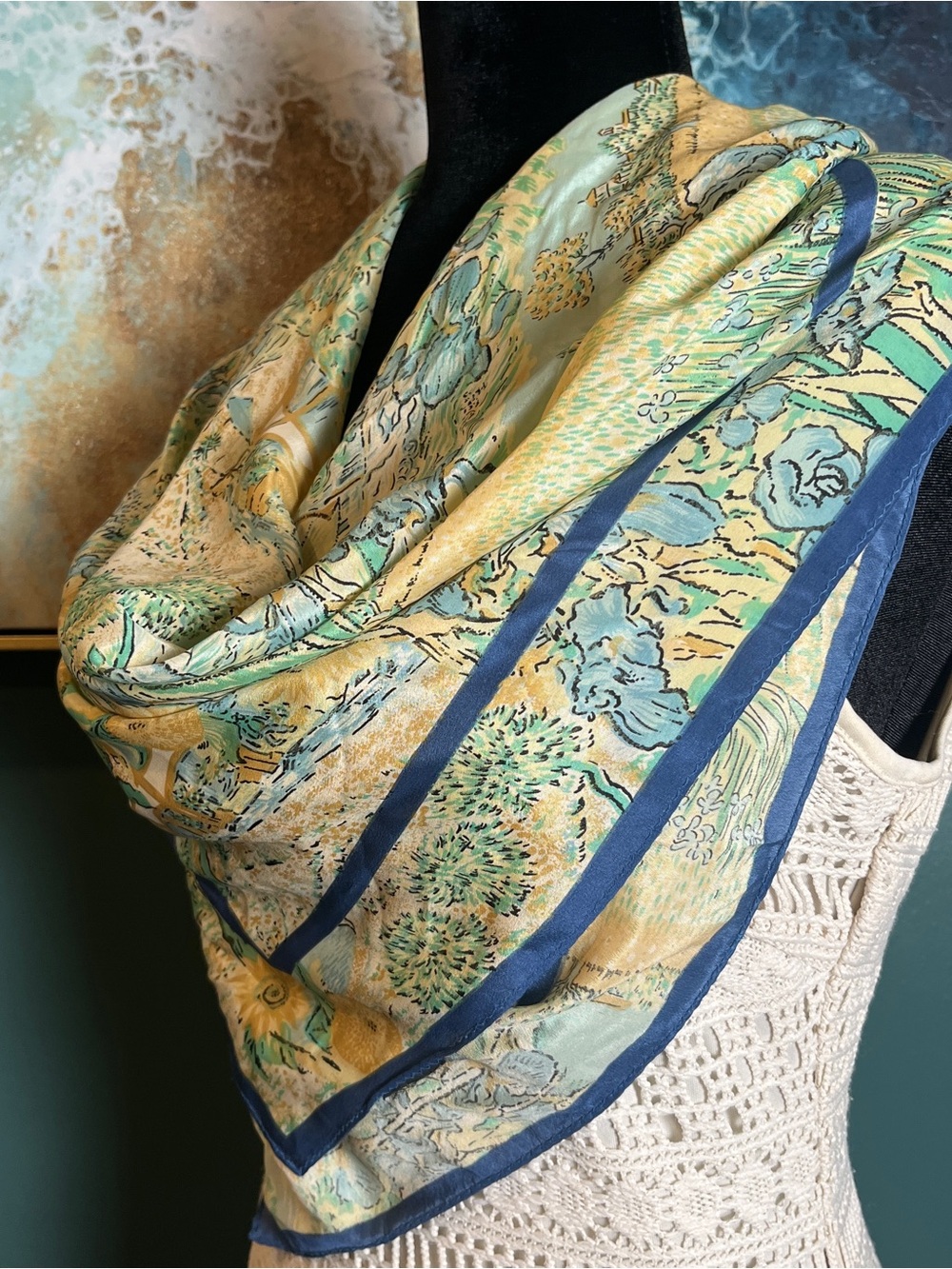 Van Gogh Sunflowers Painting Silk Scarf - Picture 2 of 5